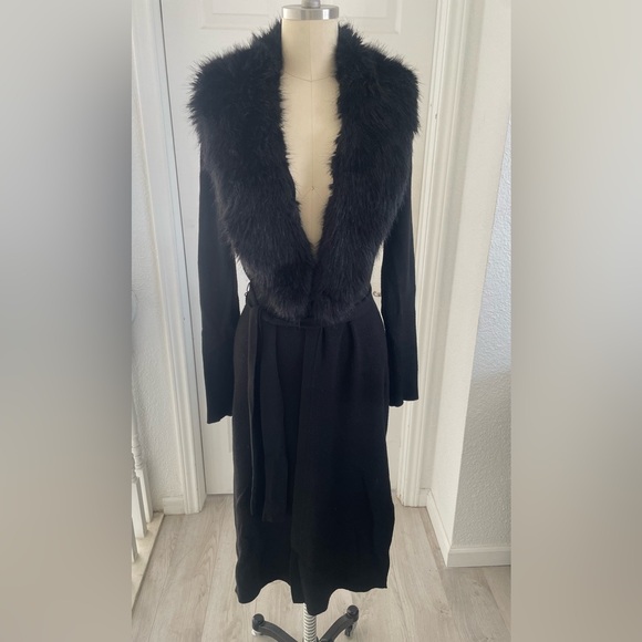 White House black market Black removable Faux Fur Trimmed belted long cardigan. - Picture 1 of 11